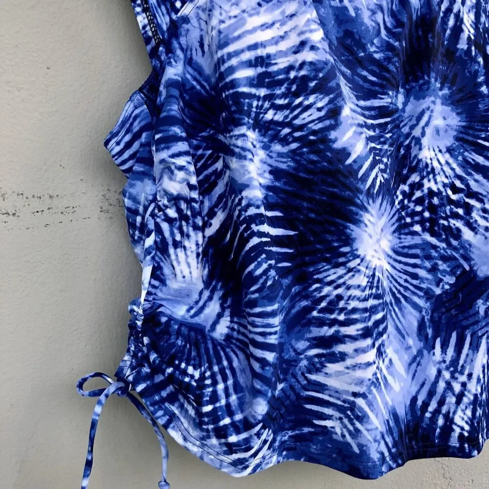 Lands End Tie Dye Tankini Swim Top Women 18W Blue Palm Print Padded Beach Resort